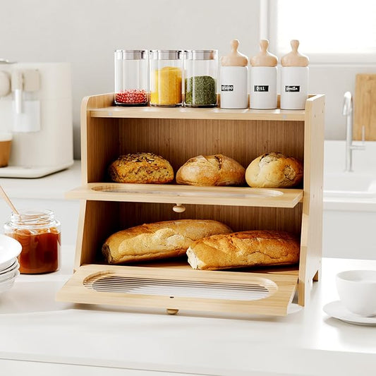 Bread Box for Kitchen Countertop,Double Layer Large Capacity Bamboo Bread Storage Container with Acrylic Wavy Door Panel for Kitchen Counter,Cabinet,Pantry(Natural Bamboo)