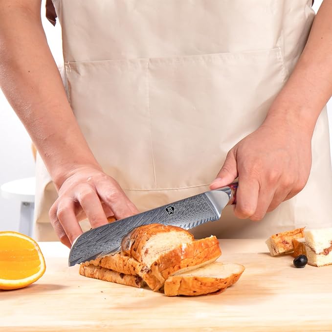 WILDMOK Serrated Bread Knife, 8 inch Damascus Steel, Japanese VG10 Core, Best Bread & Cake Knife, Resin Handle Gift Box