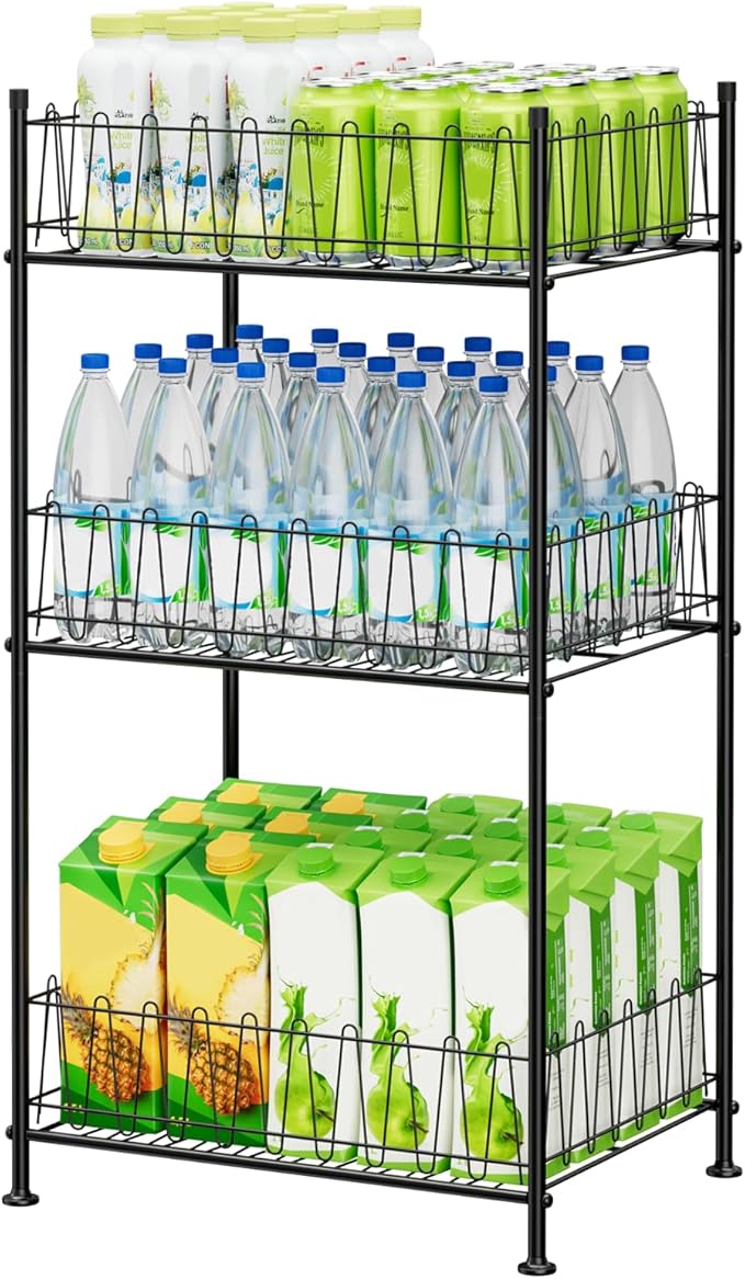 Water Bottle Organizer 3 Tier Water Bottle Holder Storage Rack Metal Drink Beverage Soda Can Organizer Shelf Stand for Floor Pantry Kitchen Classroom Food Storage, Black