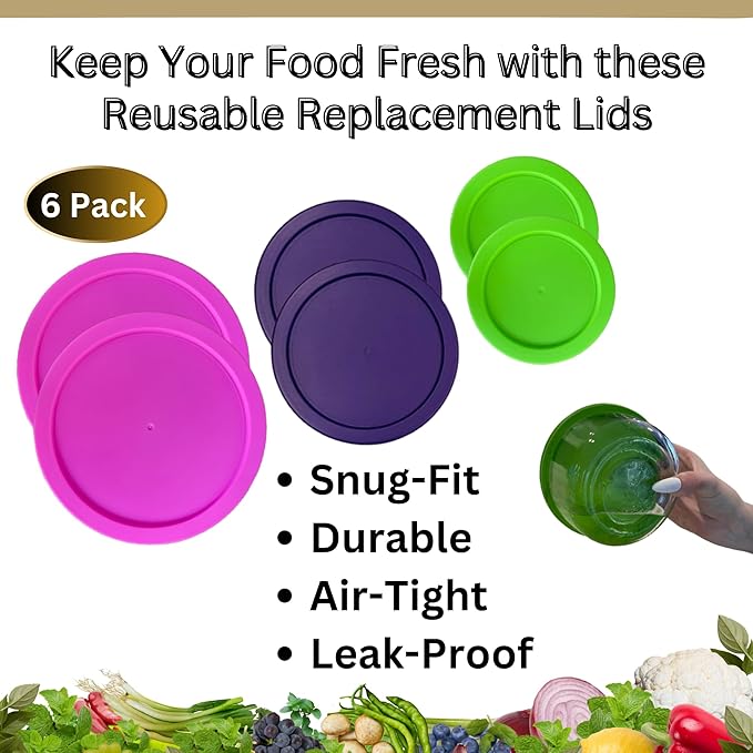 1, 2 & 4 Cup Round Plastic Replacement Lids for Pyrex, Anchor Hocking & KlareWare *Containers Not Included* (Spring Green, Purple, Pink, 6-Pack)