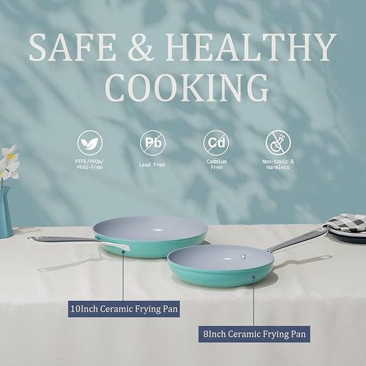 Nonstick Ceramic Frying Pan 10" for All Cooktops, PTFE/PFOA/PFAS Free, Even Heat Distribution Oven Safe up to 500°F, Healthy Non Toxic Skillet w/ Ergonomic Stainless Steel Handle, Caribbean Blue