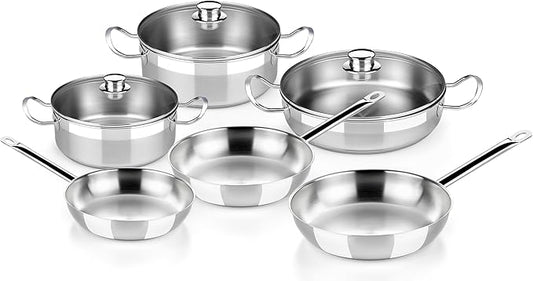 BRA COOKWARE Profesional 9 Piece Cookware Set | Stainless Steel Professional Kitchenware Set | 2 Pots, 1 Sauté Pan, 3 Frying Pans, 3 Lids | All Heat Sources Compatible | PFOA Free
