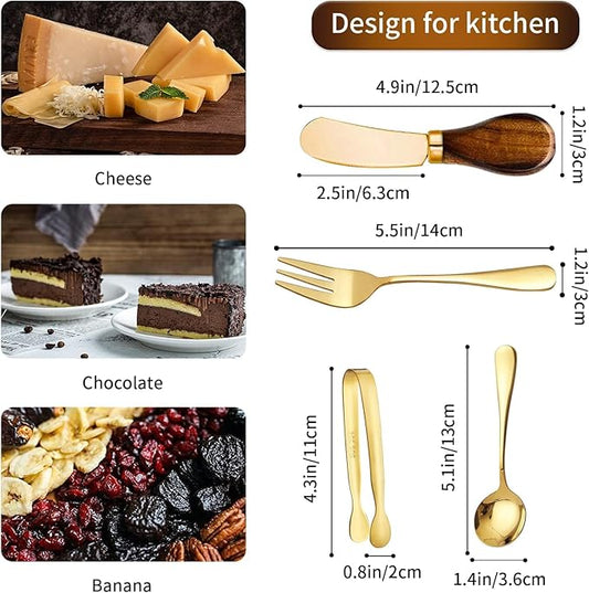 Charcuterie Accessories (14 Pcs), Cheese Spreaders for Charcuterie Board, Mini Serving Spoons, Forks and Mini Serving Tongs - Charcuterie Utensils for Butter, Cheese and Pastry Making