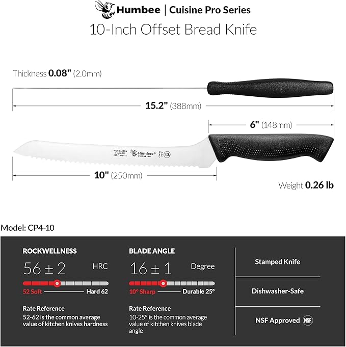 10 Inch Cuisine Pro Serrated Bread Knife, Premium Stainless Steel Wave Edge Razor Sharp Blade Knife for Bread, Dishwasher Safe, NSF Certified, Black