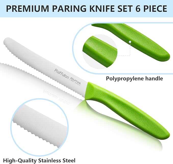 Vegetable and fruit knife set of six, high carbon stainless steel paring knife with ergonomic PP plastic handle, sharp, super sharp kitchen knife set.