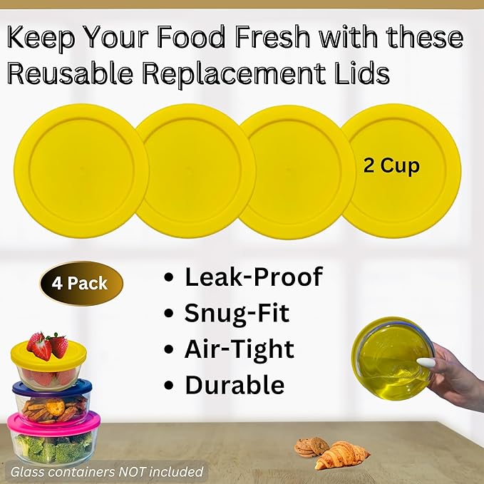 2 Cup/470 mL Yellow Replacement Lids/Covers for Pyrex 7200-PC, 2 Cup/16oz Anchor Hocking & Klare Ware Storage Bowls *Lids Only* - *Glass Container Not Included* (4 Pack, Yellow)