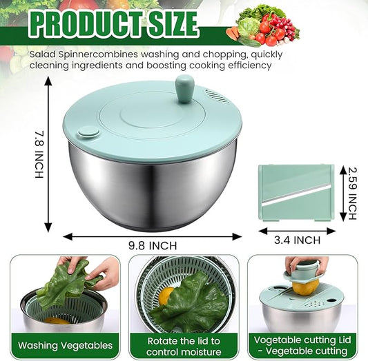 LemonRoad Stainless Steel Salad Spinner Large, Vegetables Fruits Washing Bowl, Fruits Lettuce Dryer with 5 Blade Slicer Egg Yolk Strainer Shredder for Kitchen Efficient Salad Preparation, 5.3 Qt