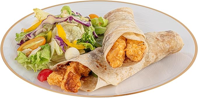 Restaurantware Plastic Plates 100 Pcs 10" Gold Rimmed Disposable Plates Heavy-Duty White Translucent Rippled Plastic Dinner Servers for Party, Weddings, Salads, Desserts, and Appetizers