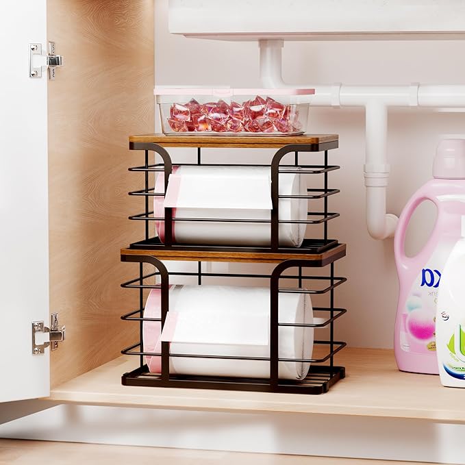 2 Pack Storage Stackable Kitchen Laundry Pantry Organizers,Wall Mount Trash Bag Holder Dispenser with Bamboo Top Countertop Organizer,Brown