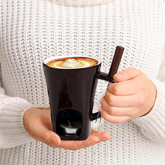 Personal Chocolate Fondue Set Of 3, Chocolate Melting Cup Tea Light With Fork, Ceramic Sweet Melted Fondue Mug For Butter Cheese Dessert Candy Chocolates, Meltie Cup For Cooks Kids Adults