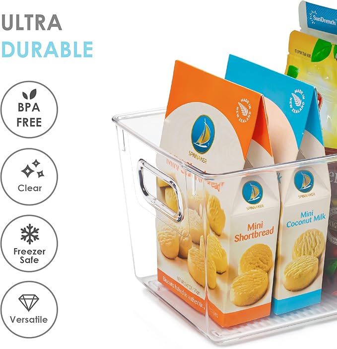 Vtopmart Clear Plastic Pantry Organizer Bins, 2 PCS Food Storage Bins with Handle for Refrigerator, Fridge, Cabinet, Kitchen, Countertops, Cupboard, Freezer Organization and Storage, BPA Free, Medium