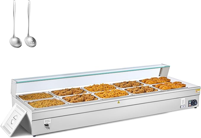 WILPREP Commercial Food Warmer with Ten 1/2 Pans, Electric Warmer for Food with Sneeze Guards Adjustable Temp. & Auto Shutoff, Stainless Steel Food Heating Unit for Buffet Food Truck Hotel Catering