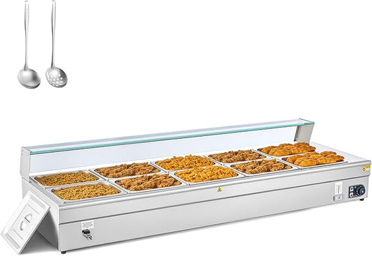 WILPREP Commercial Food Warmer with Ten 1/2 Pans, Electric Warmer for Food with Sneeze Guards Adjustable Temp. & Auto Shutoff, Stainless Steel Food Heating Unit for Buffet Food Truck Hotel Catering