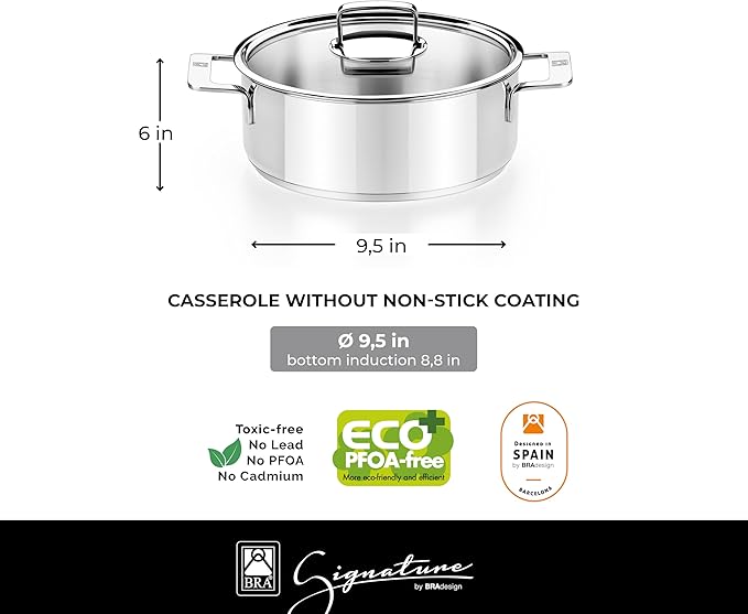 BRA COOKWARE Signature 10 Piece Cookware Set | Stainless Steel Professional Kitchenware Set | 2 Pots, 1 Sauté Pan, 2 Frying Pans, 1 Saucepan, 4 Lids | All Stovetop Compatible | PFOA Free
