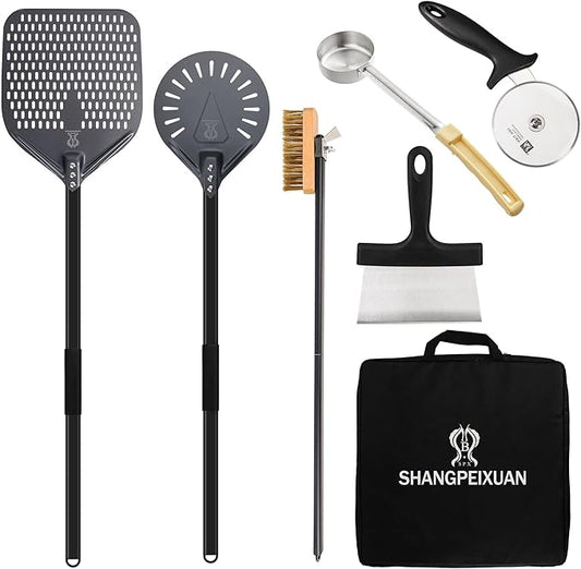 12-inch Hard Anodized Aluminum Pizza Spatula,Set Of 6 Commercial Pizza Oven Utensils, pizza Peel for Indoor & Outdoor Pizza Ovens, Pizza Oven Accessories