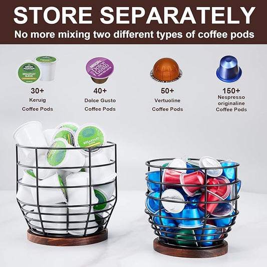 Yangbaga 2pcs Coffee Pod Holder - Large Capacity Black Wire K-Cup Holder With Wooden Base, Modern Basket Bar Decor for Station, Espresso Pods & Capsules, Fruit Snack Storage