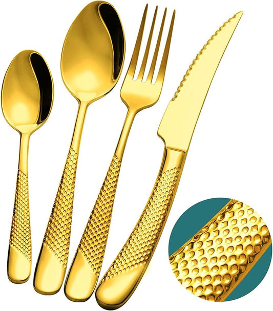 16-Piece Luxury Gold Hammered Silverware Set with Ultra Sharp 2-IN-1 Serrated Knife, 18/10 Stainless Steel Flatware Set, Tableware Cutlery Set for 4, Forks Spoons Knives Set