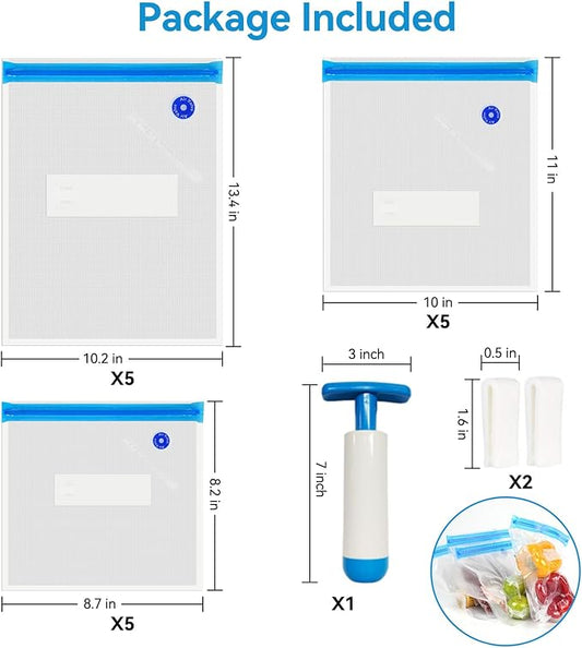 O2frepak 15 Pack Reusable Sous Vide Bags,BPA-Free Vacuum Seal Bags of 3 Sizes with Pump and 2 Seal Clips for Sous Vide Cooking and Food Storage