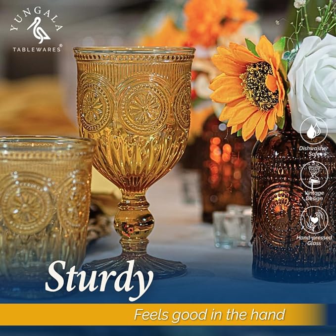 Yungala Amber Wine Glasses, set of 6 Glass Goblets made with Amber Glass (not coated or sprayed). Genuine Handcrafted Colored Glassware for your Fall Tablescape.