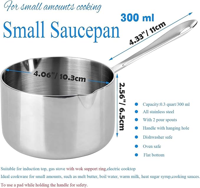 Coffee Milk Warmer Mini Butter Melting Pot Turkish Chocolate Sauce Pan Stainless Steel, 10oz/300ml Matching Gift Box
