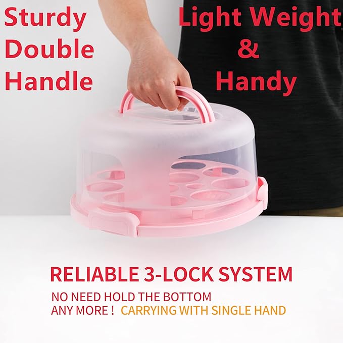 Portable Cake Carrier with Handle, Round Cupcake Holder with Lid, Plastic Storage Container Box fit 10 inch Cake, 3-Locking Muffin and Pies Keeper with Cover (Pink)