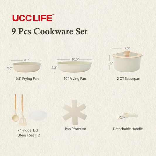 UCClife 9-Piece Nonstick Cookware Set - PFOA/PTFE Free Non-Toxic Pots & Pans, Detachable Handles, Oven & Dishwasher Safe, Scratch Resistant