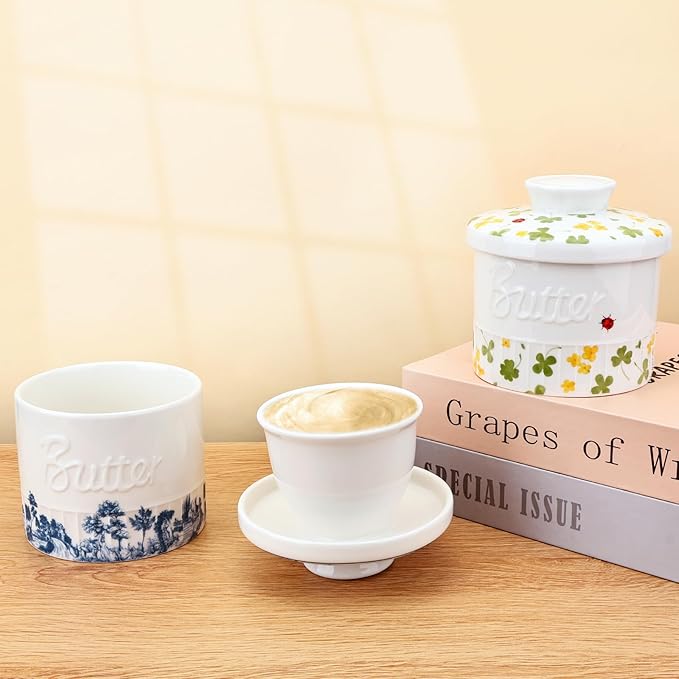 Butter Crock with Water Line, Ceramic Butter French Keeper Dish with Lid for Fresh Spreadable Butter (Forest Blue)