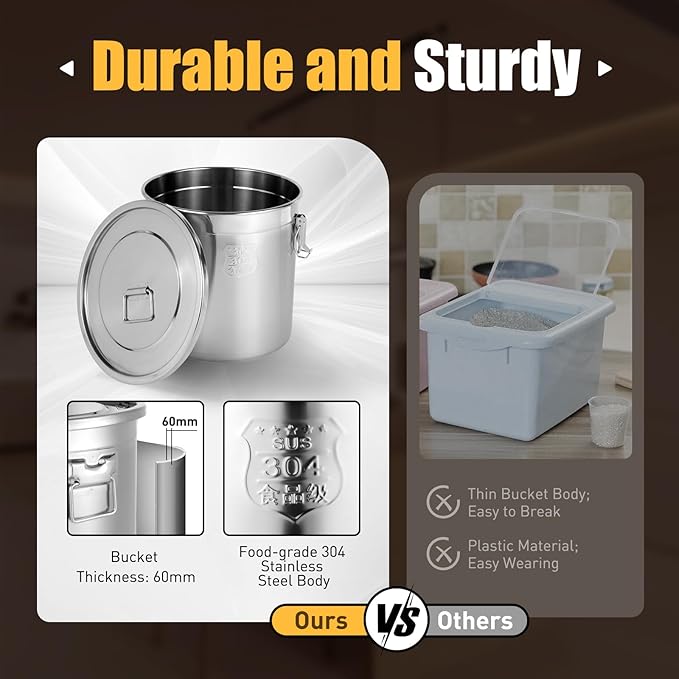 304 Stainless Steel Airtight Canister for Kitchen, 8.7Gal Canisters Container with Lids and Sturdy Locking Clamp,Bucket Food Storage Containers Airtight for Flour Coffee Bean Tea (33L)