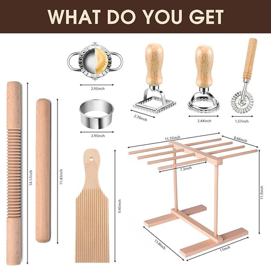Pasta Making Tools, 9 PCS Wood Pasta Making Kit with Pasta Drying Rack, Pasta Roller, Gnocchi Board, Ravioli Cutter Pasta Making Accessories