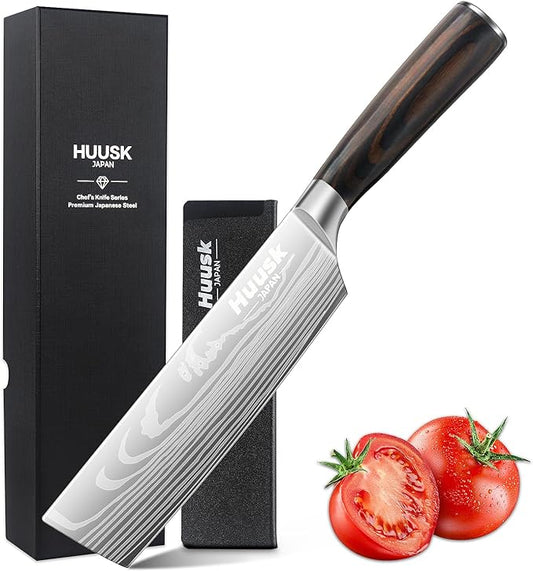Huusk Nakiri Chef Knife - 6.8 Inch Japanese Kitchen Knives with Ergonomic Handle, Professional Cooking Knife