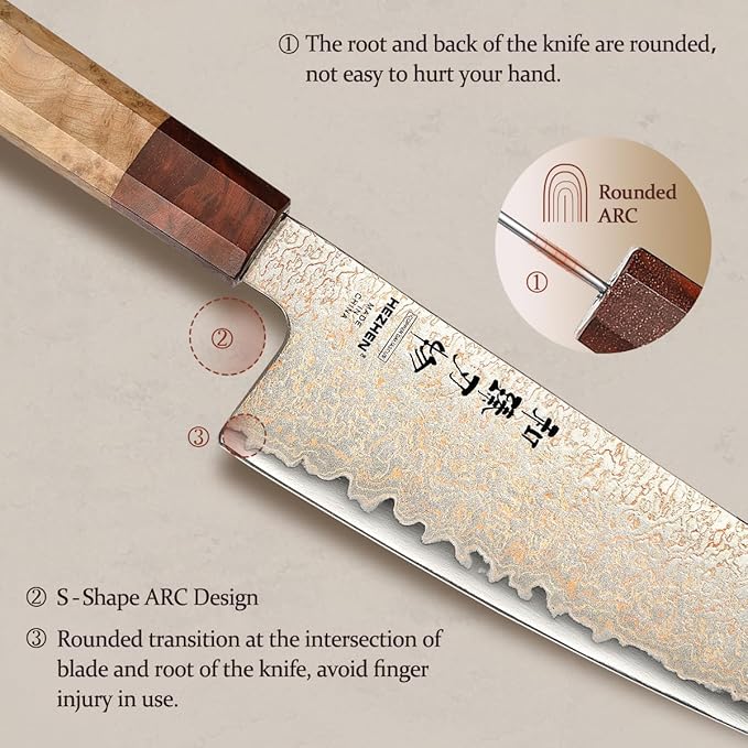 HEZHEN Tricolor Copper Damascus Chef Knife,8.3 Inch Japanese Damascus Knife, 37 Layers Damascus Steel Chef Knife-Razor Sharp,Sycamore Wood Handle
