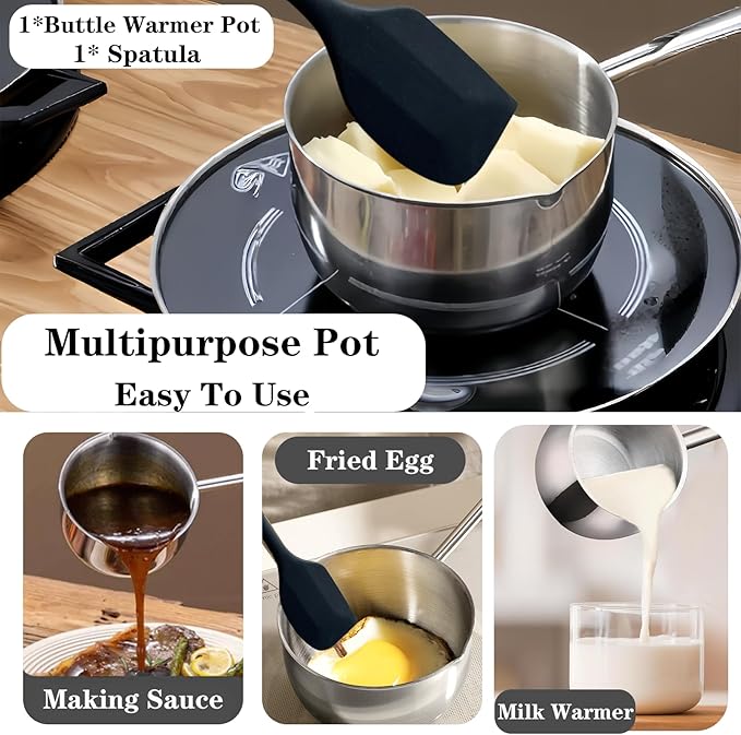 Mini Butter Warmer Pot, Milk Pot with Long Handle Sauce Pan with Pour Spout, Butter Melting Pots with Silicone Spatula for Chocolate,Candy,Coffee Tea Soup, 500ML, Silver
