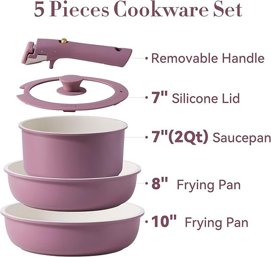 CAROTE 5pcs Pots and Pans Set Non stick,Cookware Set Detachable Handle,kitchen essentials,RV kitchen pot and pan,Induction Cookware,Oven Safe,PFOA PFOS FREE,Purple