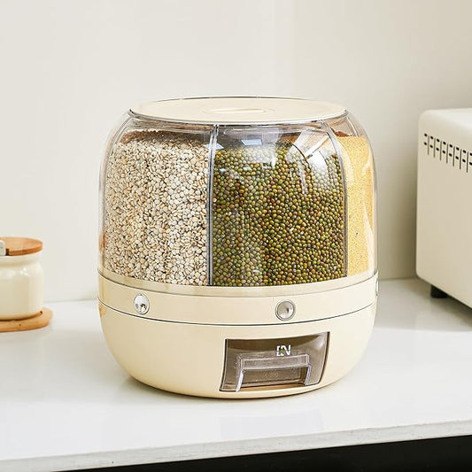 Rice Dispenser | 360° Rotating Grain Storage Bin - 6 Grids, 20LBS Large Capacity Food Container, Moisture-Proof, One-Click Output for Rice, Beans & Pet Food - Kitchen Pantry Organizer