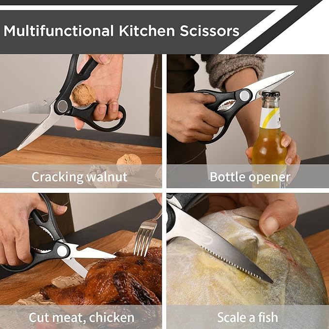 Kitchen Knife, 3-Pcs Black Knives Set with Multifunctional Kitchen Scissors, 6'' Santoku and 4'' Paring Knife for Chef Paring Cutting Slicing Dishwasher Safe (Anti-Slip Handle)
