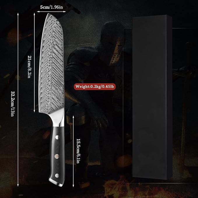 Arisman 7 Inch Santoku Knife, Japanese Damascus Steel Chef Knife, Sharp VG10 Kitchen Slicing Knife with Feather Pattern Blade and Full Tang Ergonomic G10 Handle