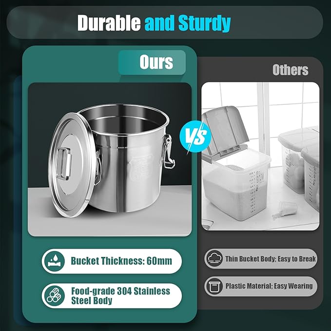 Stainless Steel Airtight Canister for Kitchen, 12L/3.17Gal Metal Food Storage Container Flour Bucket with Lid & Clamps, Bean Rice Cereal Canister Holder for Kitchen Restaurant, D11*H9.85in