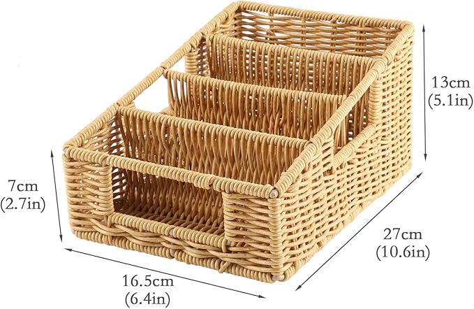 Pantry Snack Organizers and Storage Box,Handwoven Wicker Basket with 4 Compartments Seasoning Packet Organizer,Remote Control Holder,Kitchen Cabinet Organization Bin for Tea Bags,Medicine