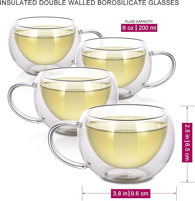 Teabloom Modern Classic Insulated Cups – 6 oz / 200 ml – Set of 4 Double Walled Glass Cups for Tea or Espresso