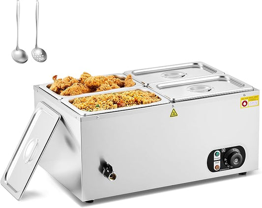WILPREP Single-Well Commercial Food Warmer with Four 1/4 Pans, Electric Warmer for Food with Adjustable Temp. & Auto Shutoff, Stainless Steel Food Heating Unit for Buffet Food Truck Hotel Catering
