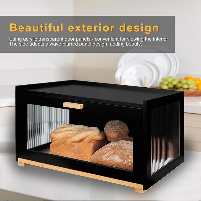 MinBoo Bamboo Bread Box for Kitchen Counter,Large Bread Storage Container with Arcylic Transparent Door, Bamboo Wooden Farmhouse Bread Box for Kitchen