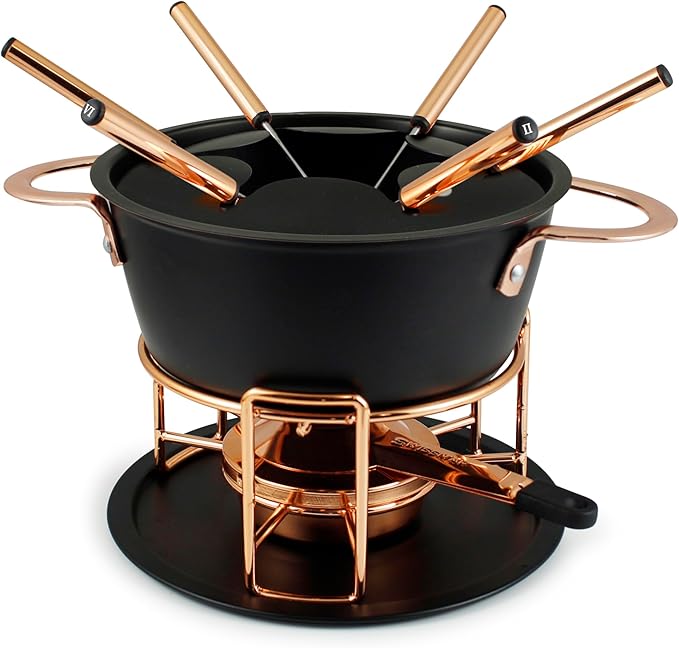 Swissmar Realp 11-Piece Cast Aluminum Fondue Set - Ideal for Melting Cheese & Chocolate Fondue, Oil & Broth Cooking - Perfect for Kitchen Collection & Wedding Gifts - 1.5 Liter / 1.58 Quarts