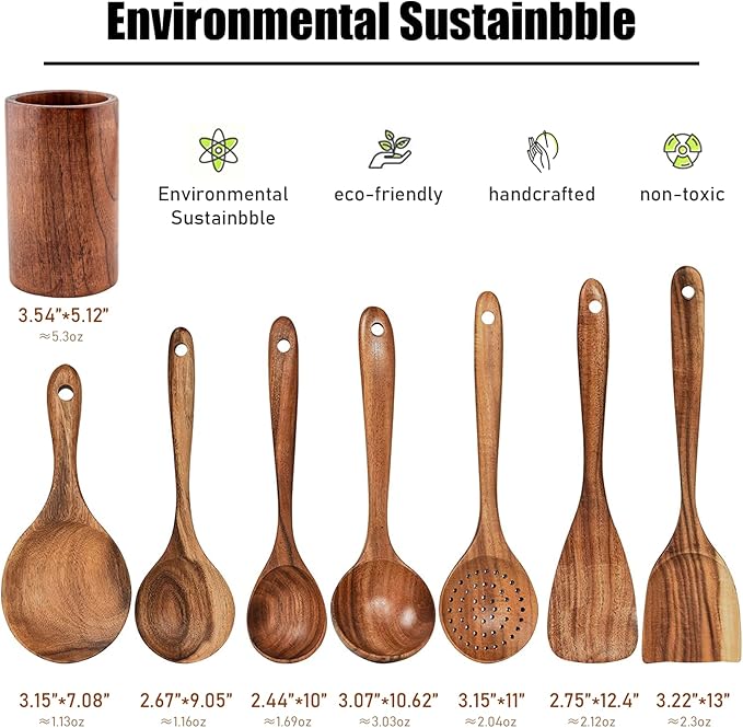 FJNATINH 7-Piece Nonstick Wooden Cooking Utensils Set, Natural and Healthy Kitchen Utensils(7 Pcs)