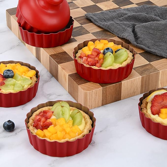 3-3/5 Inch Mini Tart Pans with Removable Bottoms, Round Mini Quiche Pans for Baking, Nonstick Cake Pans Set for Pies, Mousse Cakes, Dessert Baking (Red)