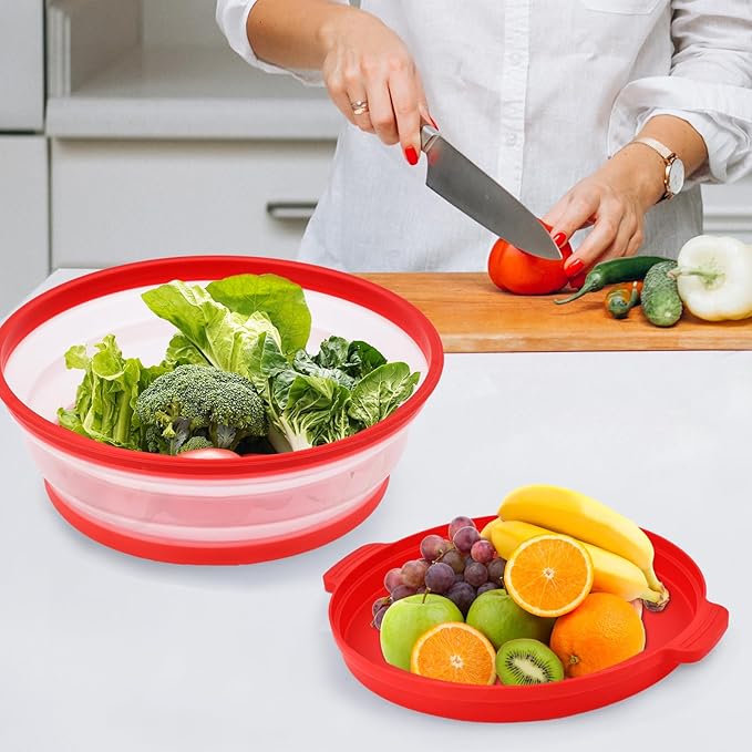 Microwave Food Splatter Cover & Base Mat,10.5 Inch Large Plastic & Silicone Vented Collapsible Guard Lid, Plate Holder & Kitchen Colander for Meal (Red)