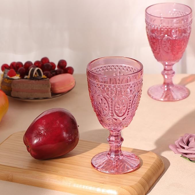 Pink Wine Glasses set of 4, Pink Goblets, Vintage Drinking Glassware, Colored Glassware Set for Party Home Wedding Baby Shower