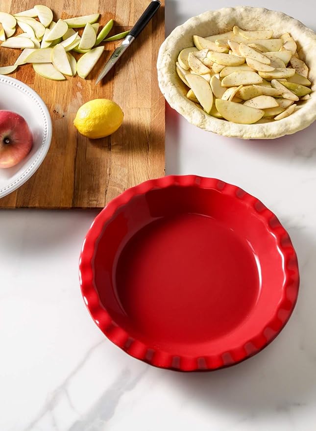 LE TAUCI Ceramic Pie Pans for Baking, 9 Inches Pie Plate for Apple Pie, Pecan Pie, 36 Ounce Deep Dish Pie Pan, Set of 2, Red