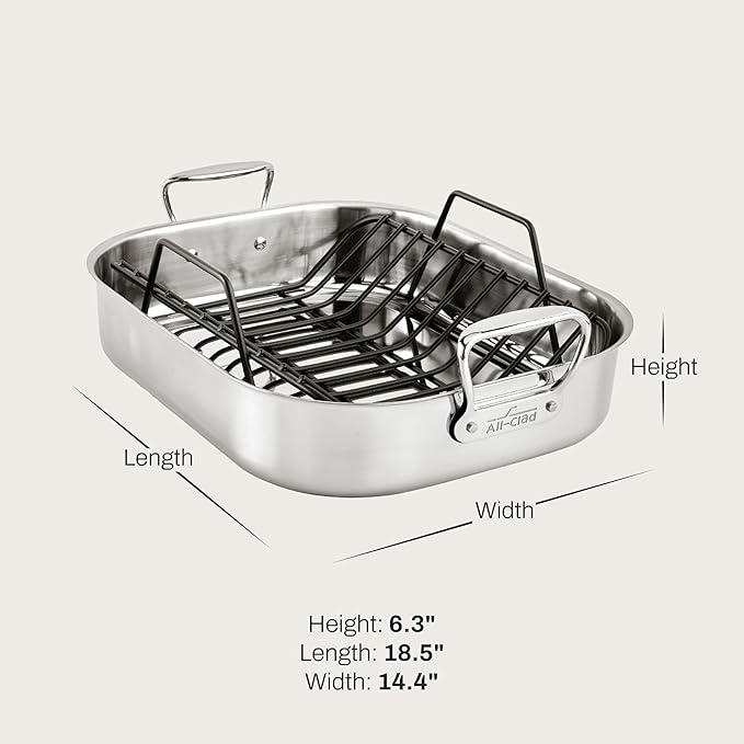 All-Clad Specialty Stainless Steel Roaster and Nonstick Rack 16x13x5 Inch Oven Broiler Safe 600F Roaster Pan, Pots and Pans, Bakeware, Turkey, Silver