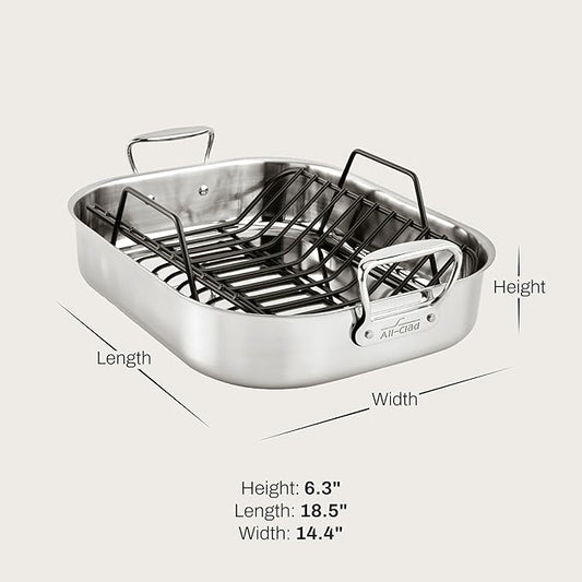 All-Clad Specialty Stainless Steel Roaster and Nonstick Rack 16x13x5 Inch Oven Broiler Safe 600F Roaster Pan, Pots and Pans, Bakeware, Turkey, Silver