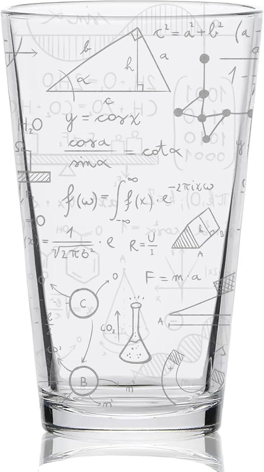 SCIENCE FORMULAS Engraved Pint Glass | Great Gift for Geeks, Nerds, Teachers and Students | Unique STEM and Physics Chemistry Mathematics Beer Decor